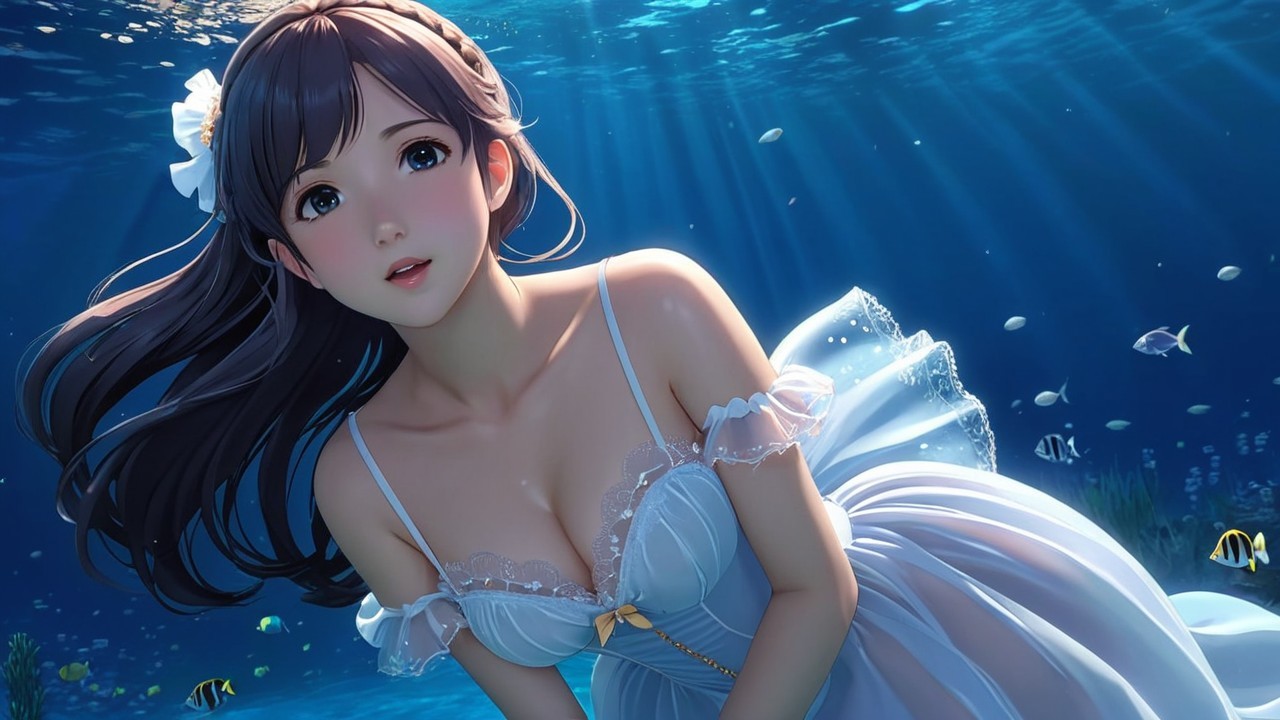 Young woman in translucent dress swimming underwater