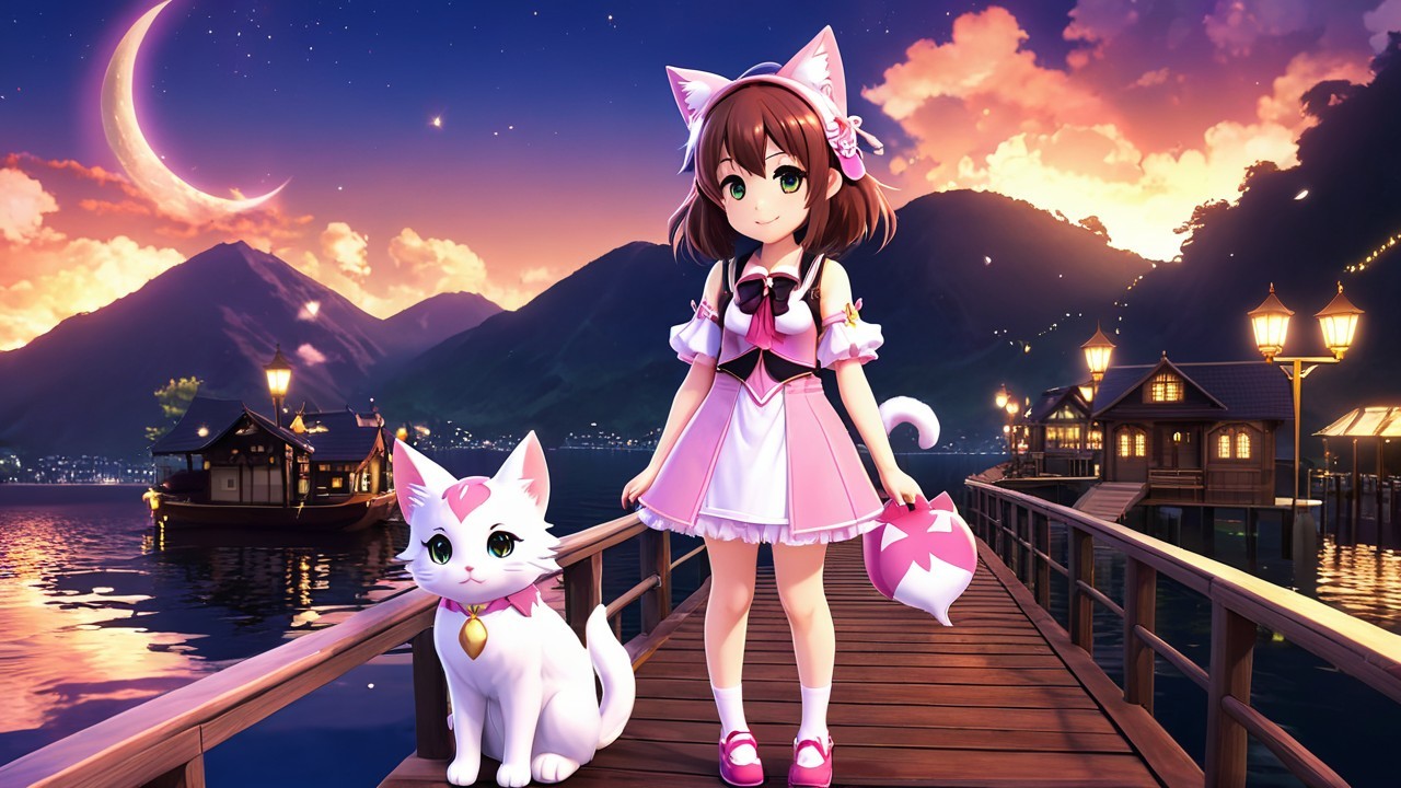 Cheerful Girl with Cat Ears on Twilight Pier