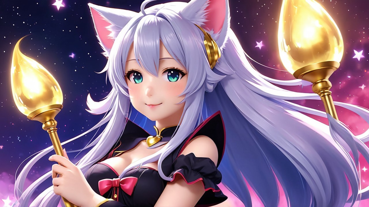 Fantasy Character with Cat Features and Starry Background