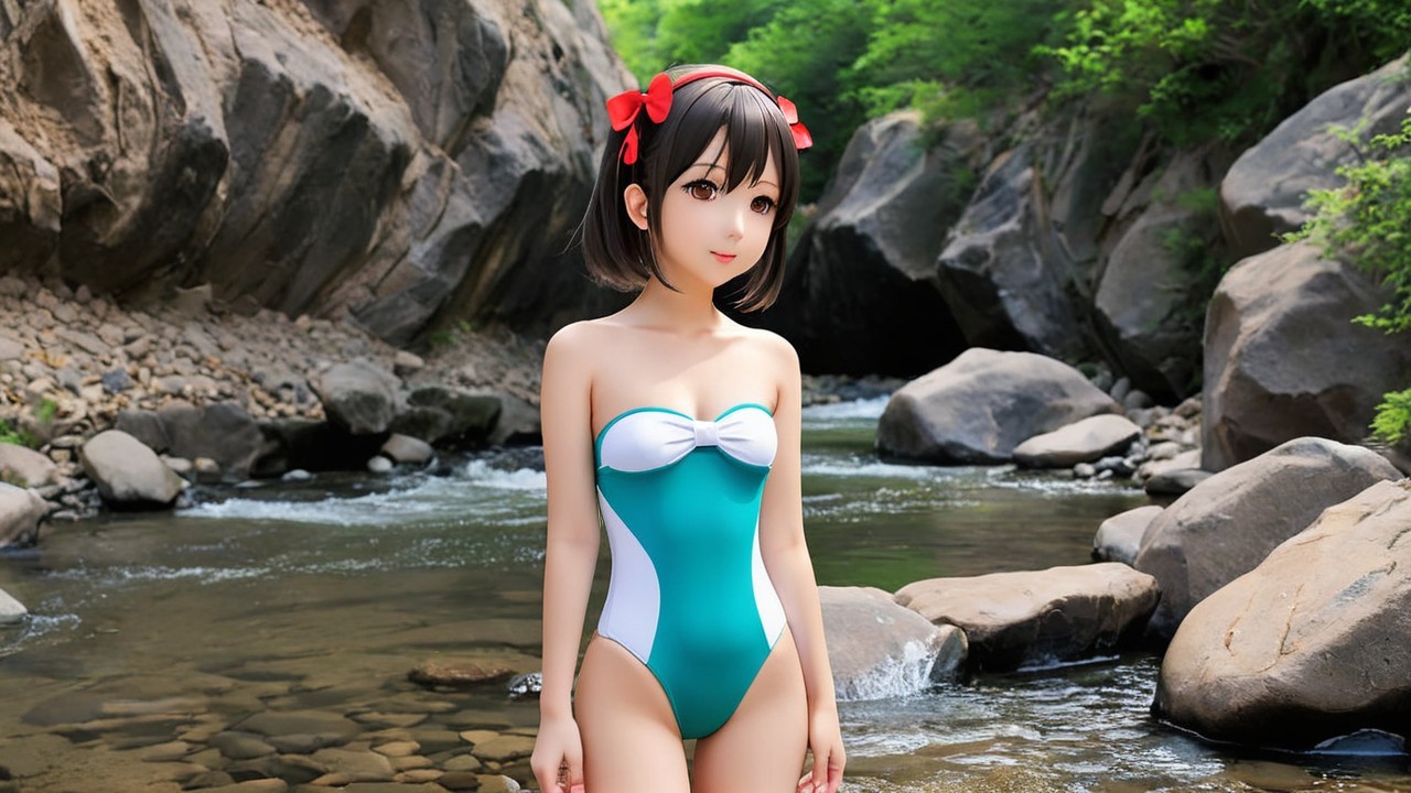 Young girl in turquoise swimsuit by serene river