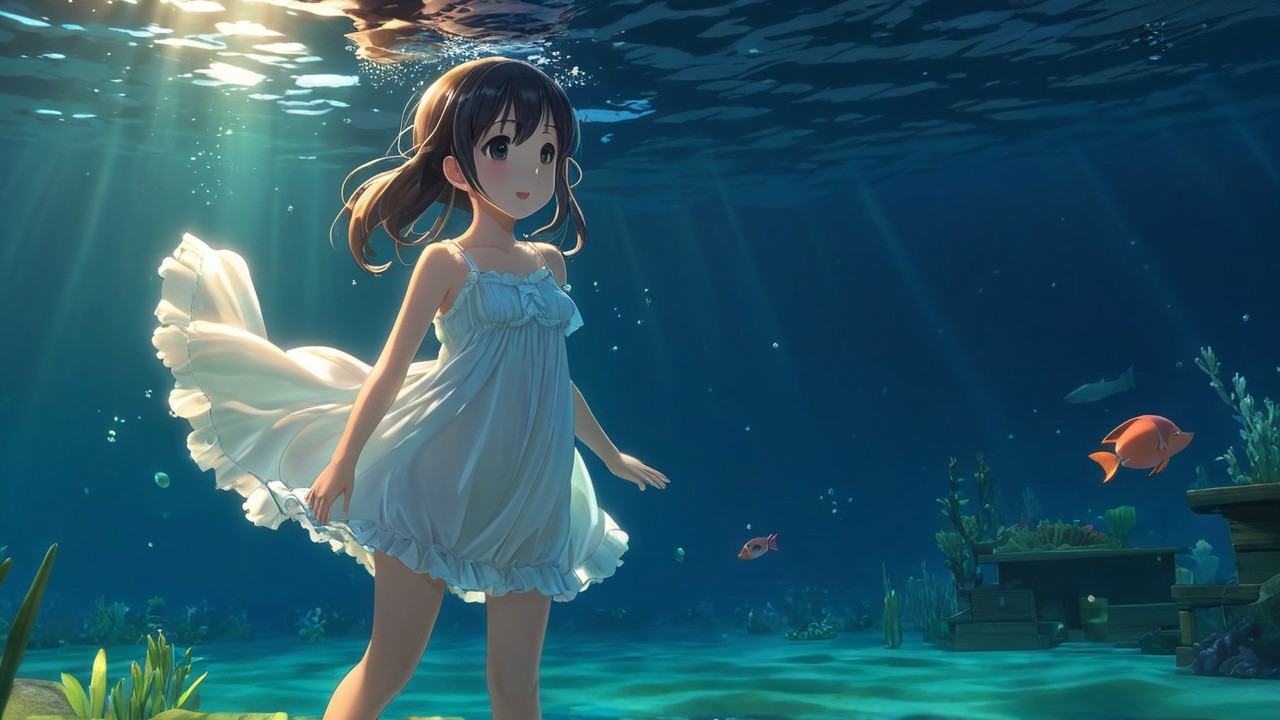 Underwater Scene of a Girl in a White Dress