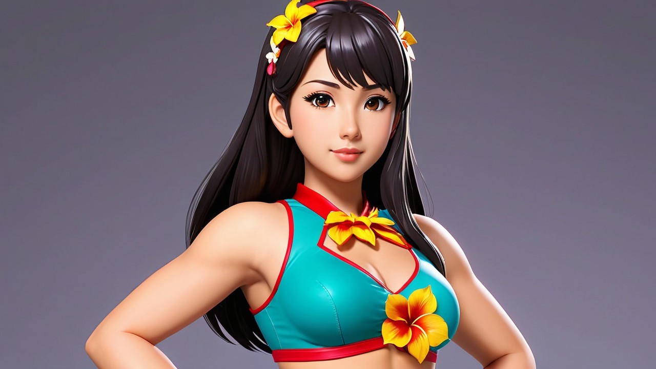 Stylized Female Character with Floral Accents and Confidence