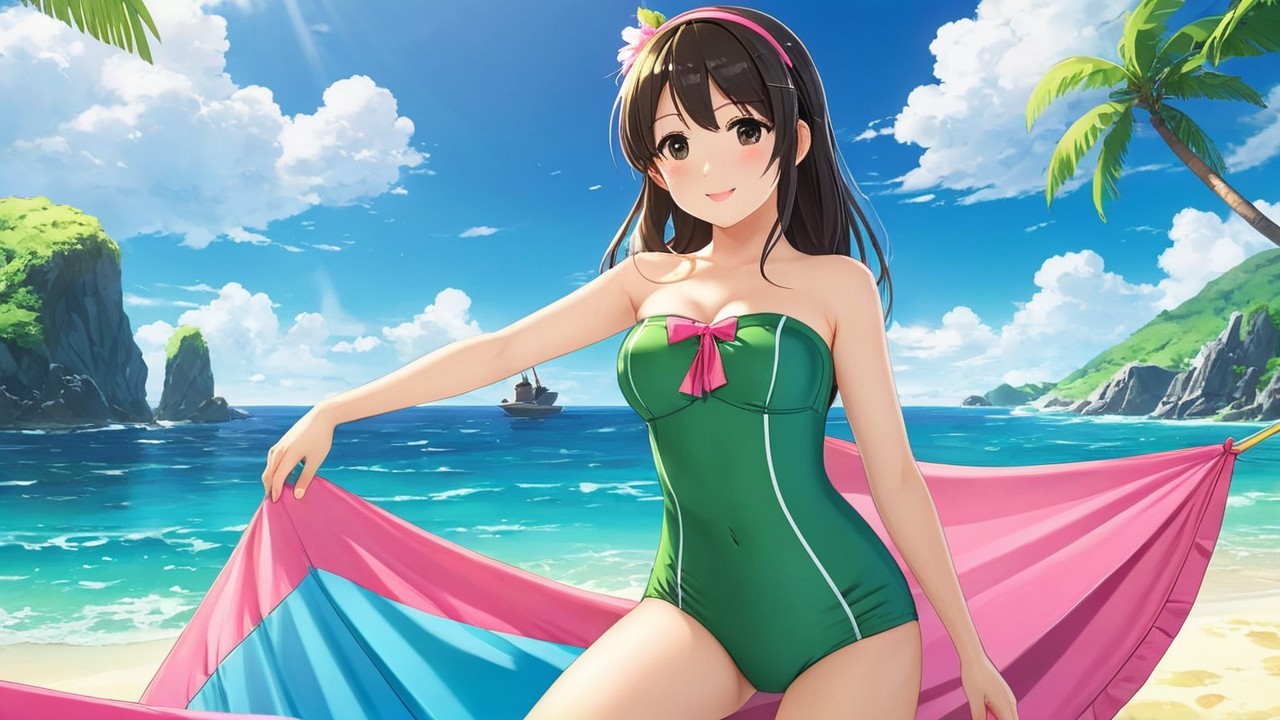 Vibrant Beach Scene with Woman in Green Swimsuit