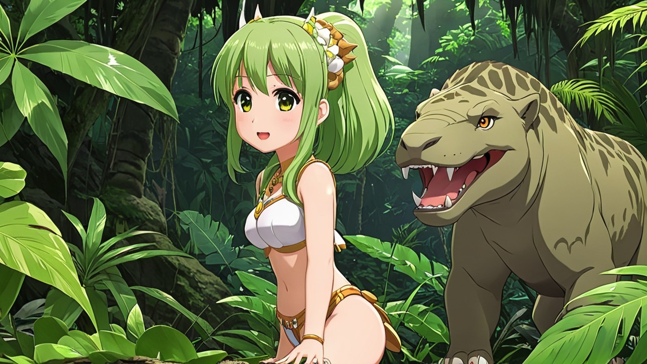 Cheerful girl and dinosaur in a vibrant jungle scene