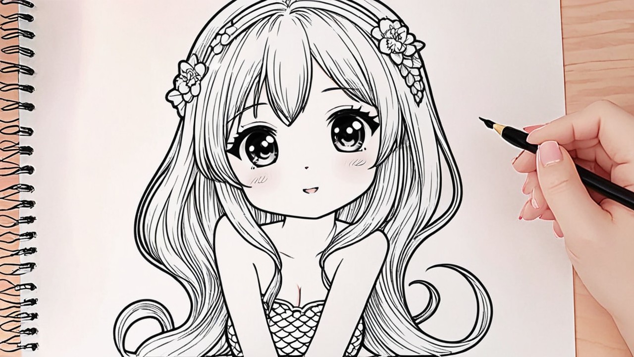 Black Pen Above Sketchbook with Anime Girl Drawing