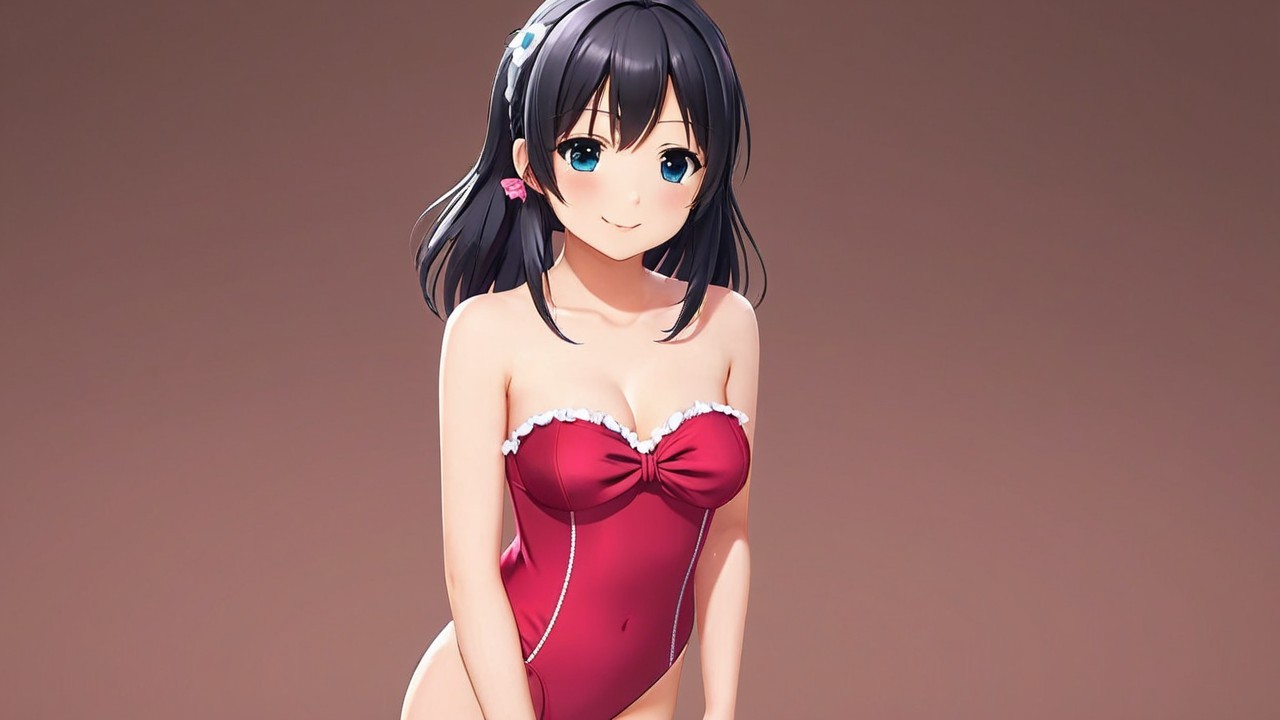 Anime Character in Red Swimsuit with Dark Hair