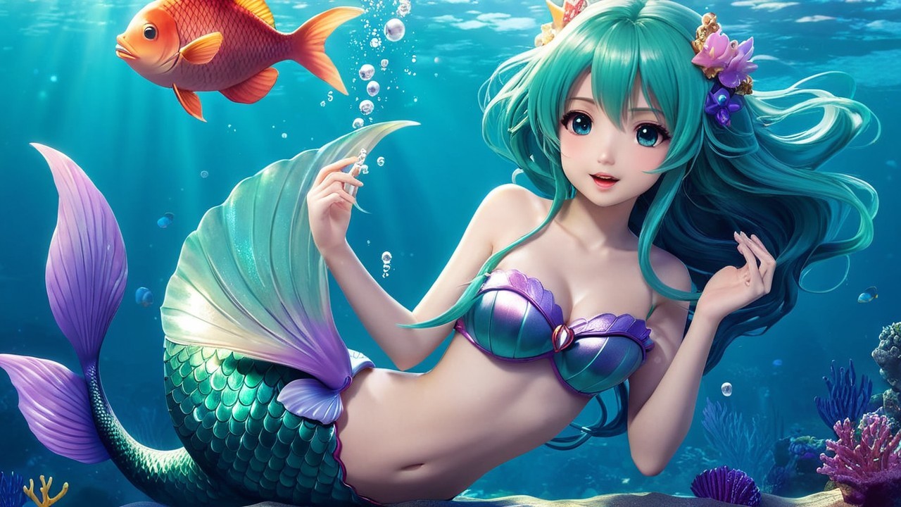 Vibrant Underwater Scene with Mermaid and Coral Reef