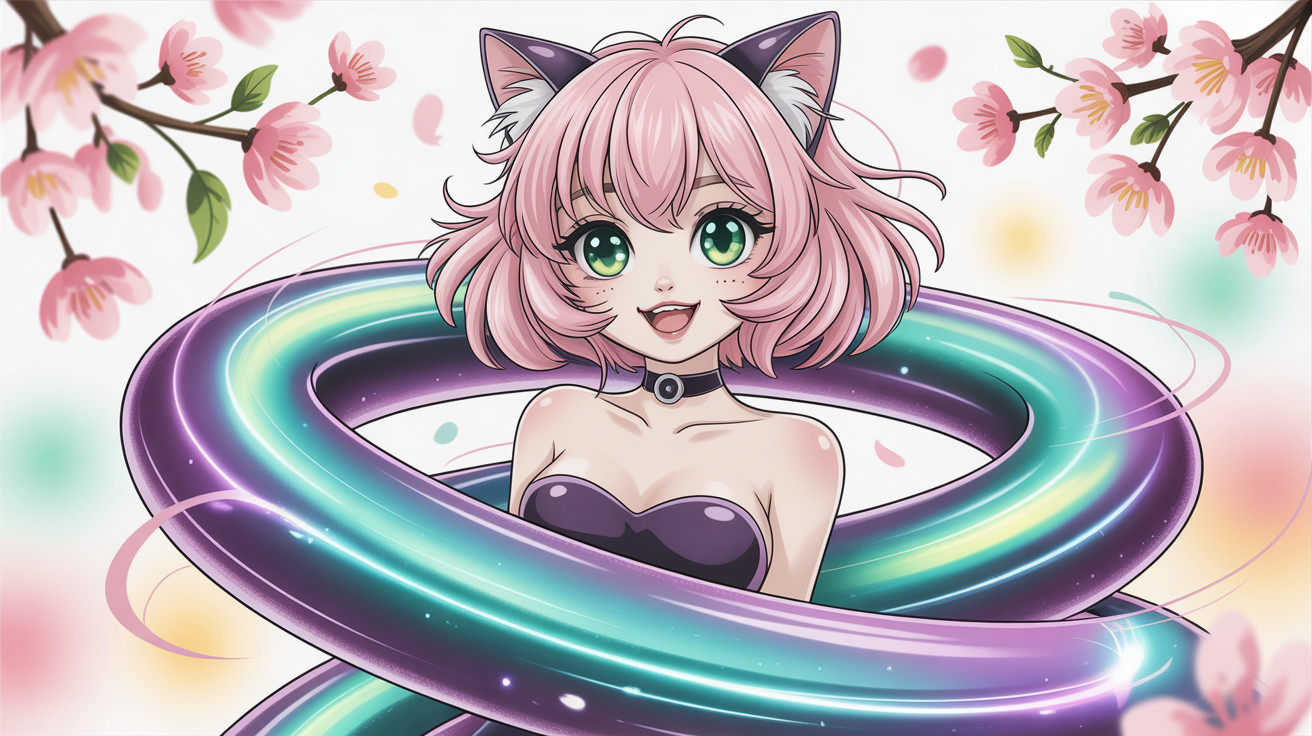 Anime Catgirl with Pink Hair and Cherry Blossoms