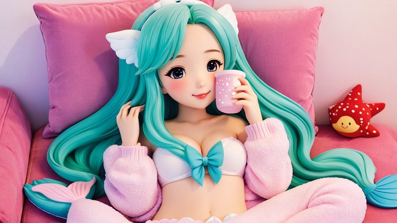 Anime Character on Pink Sofa with Cheerful Expression