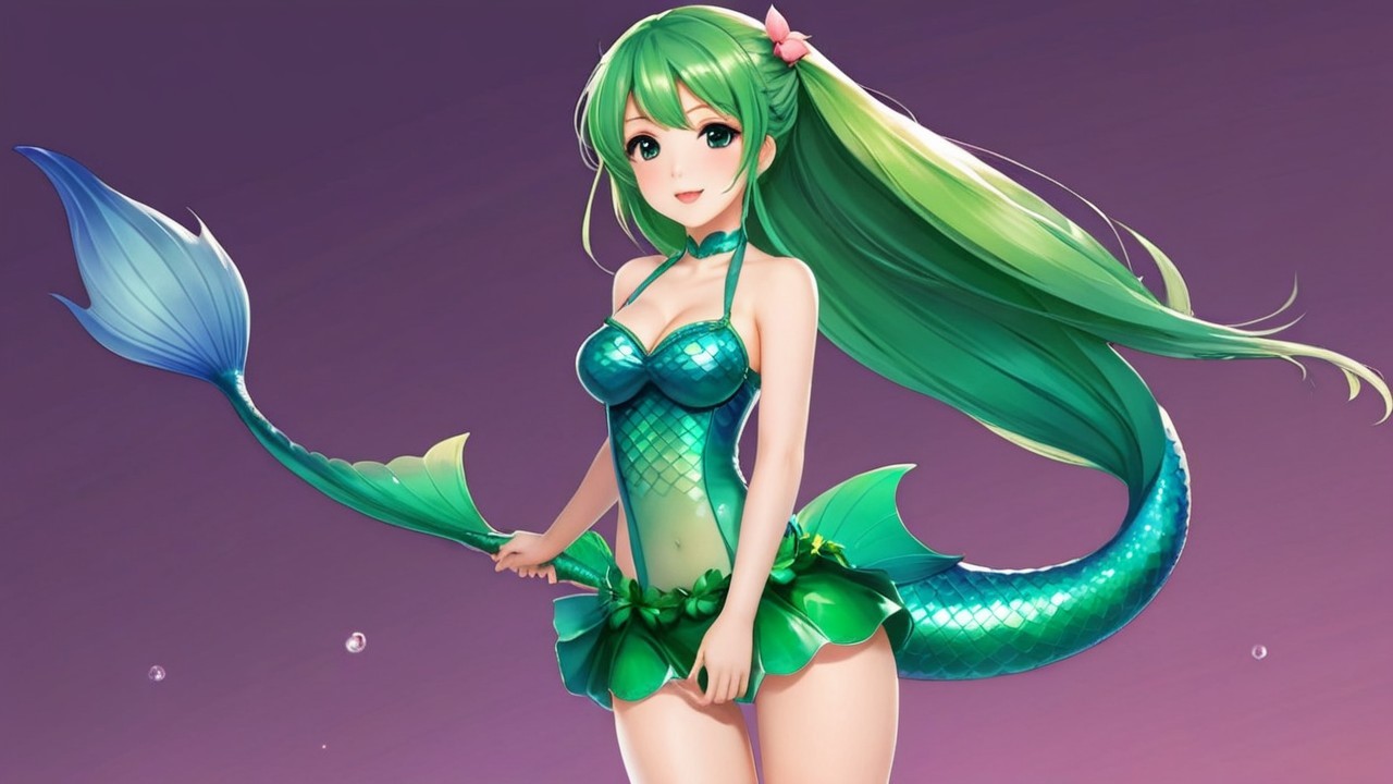 Vibrant Mermaid with Green Hair Against Purple Backdrop