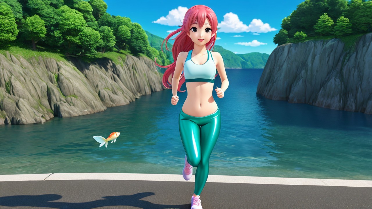 Animated Scene of Woman Jogging by Waterfront