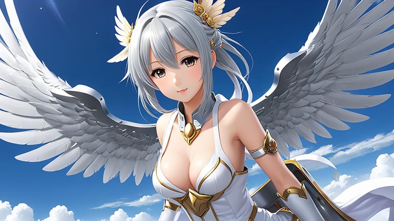 Character with Silver Hair and Angelic Wings in Sky