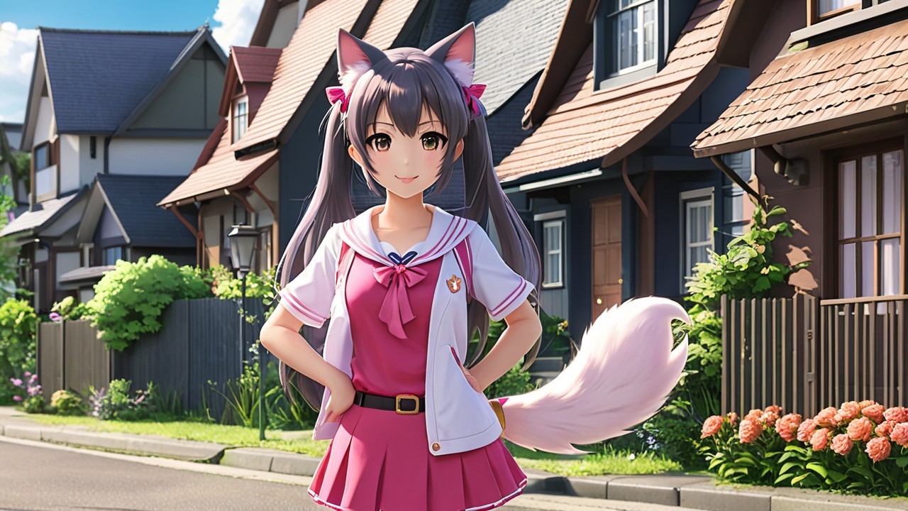 Cheerful Character in Pink Uniform on Charming Street