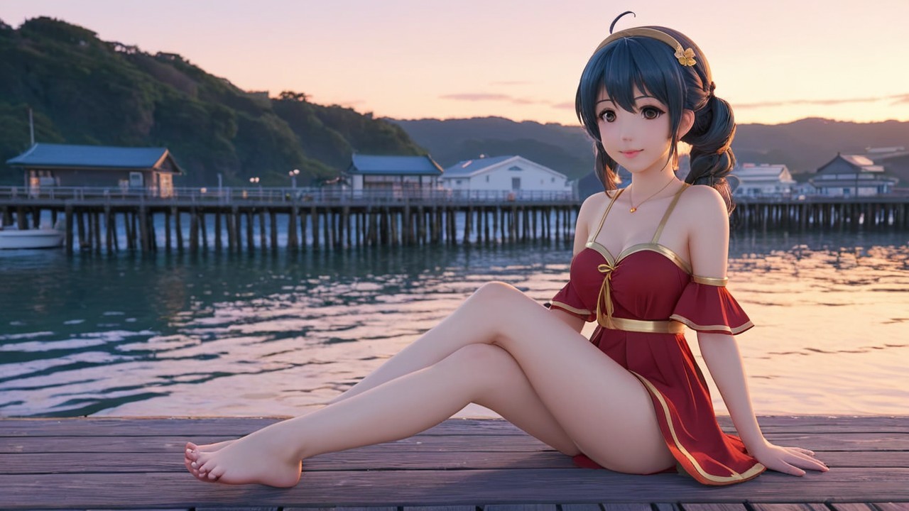 Anime Character on Wooden Pier at Sunset
