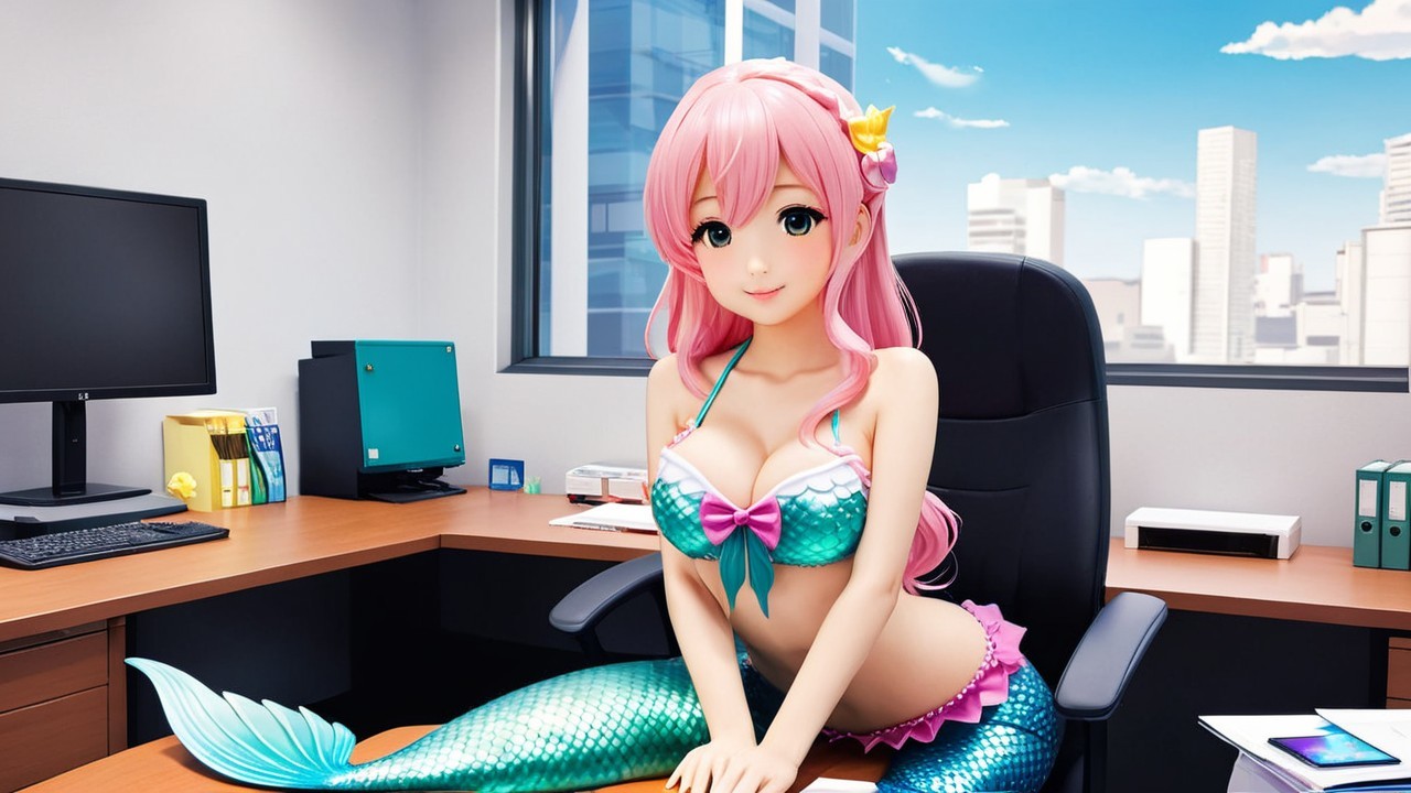 Mermaid at Office Desk with Cityscape Background