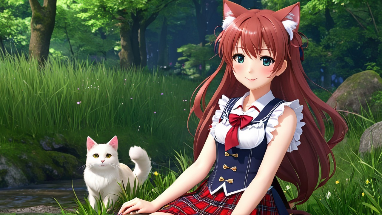 Cheerful Anime Girl with Cat Ears in Serene Forest