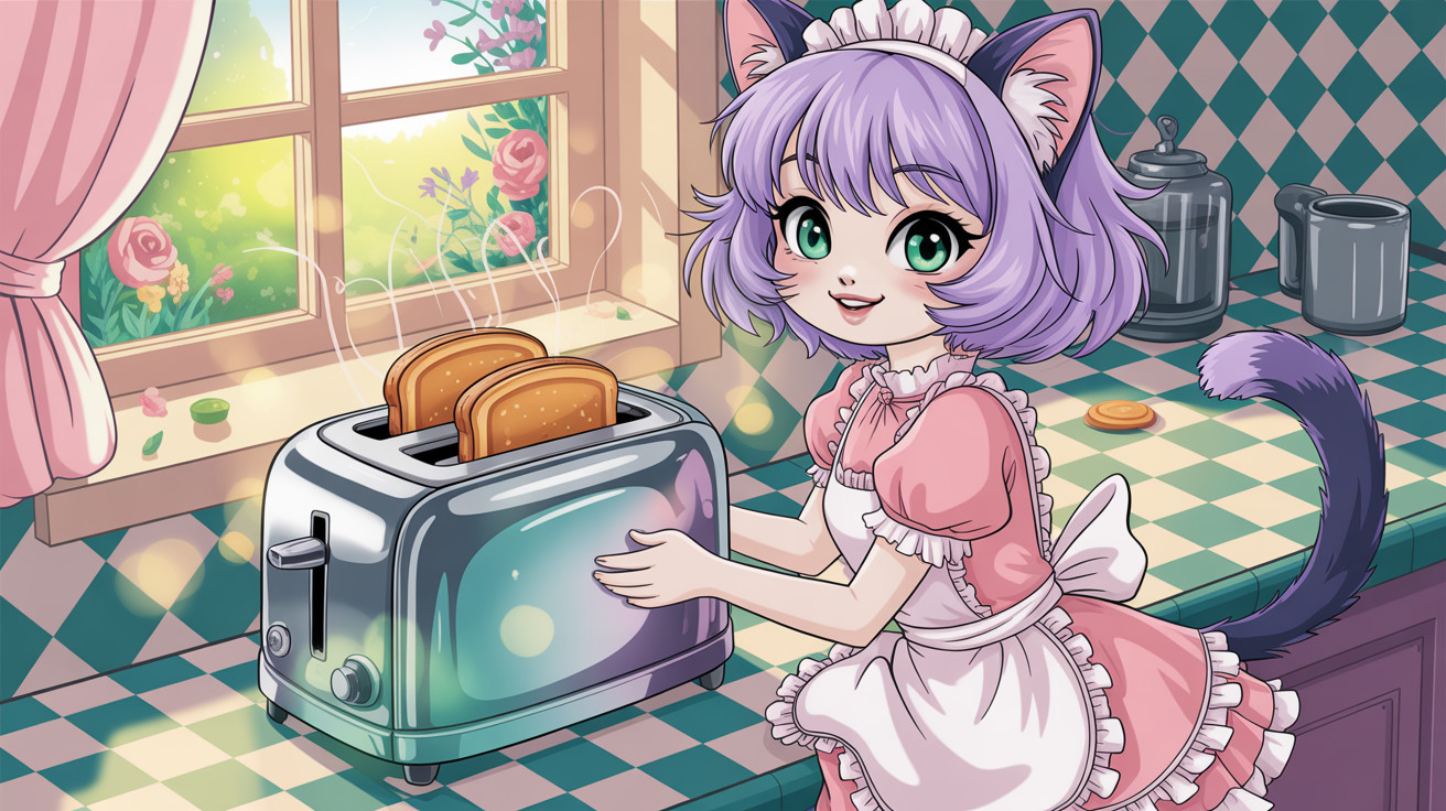 Anime girl in maid costume making toast in kitchen