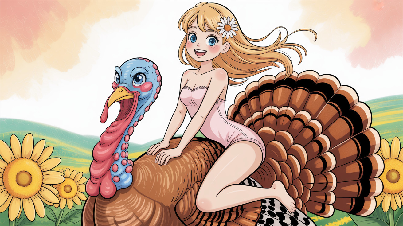 Girl in pink bodysuit poses with large turkey in field