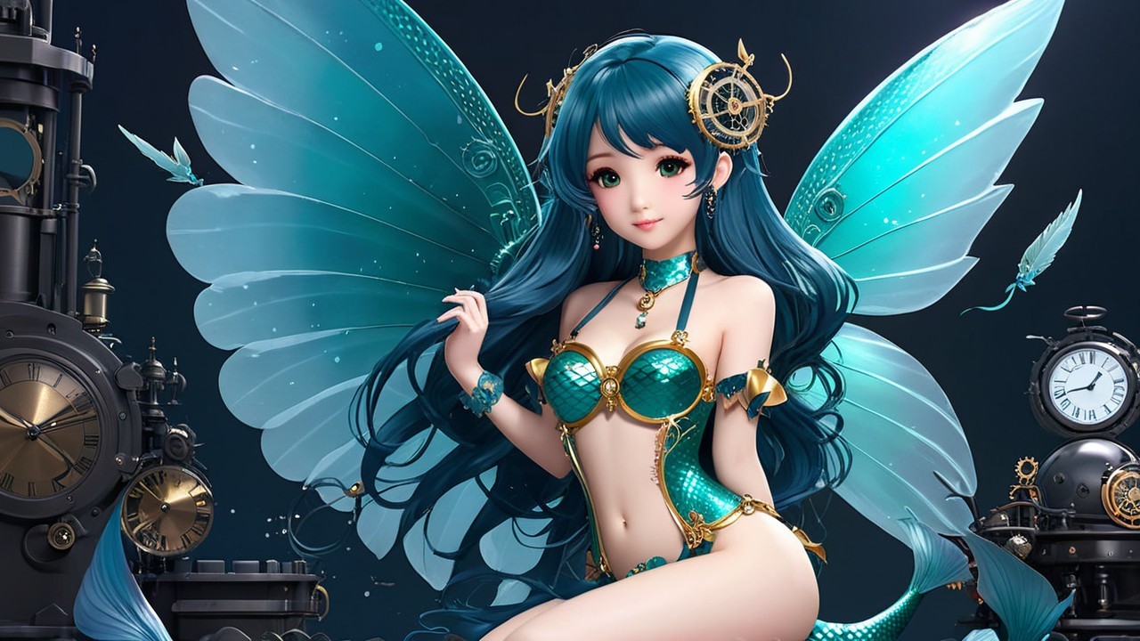 Vibrant Teal-Haired Figure in Steampunk Fantasy Scene