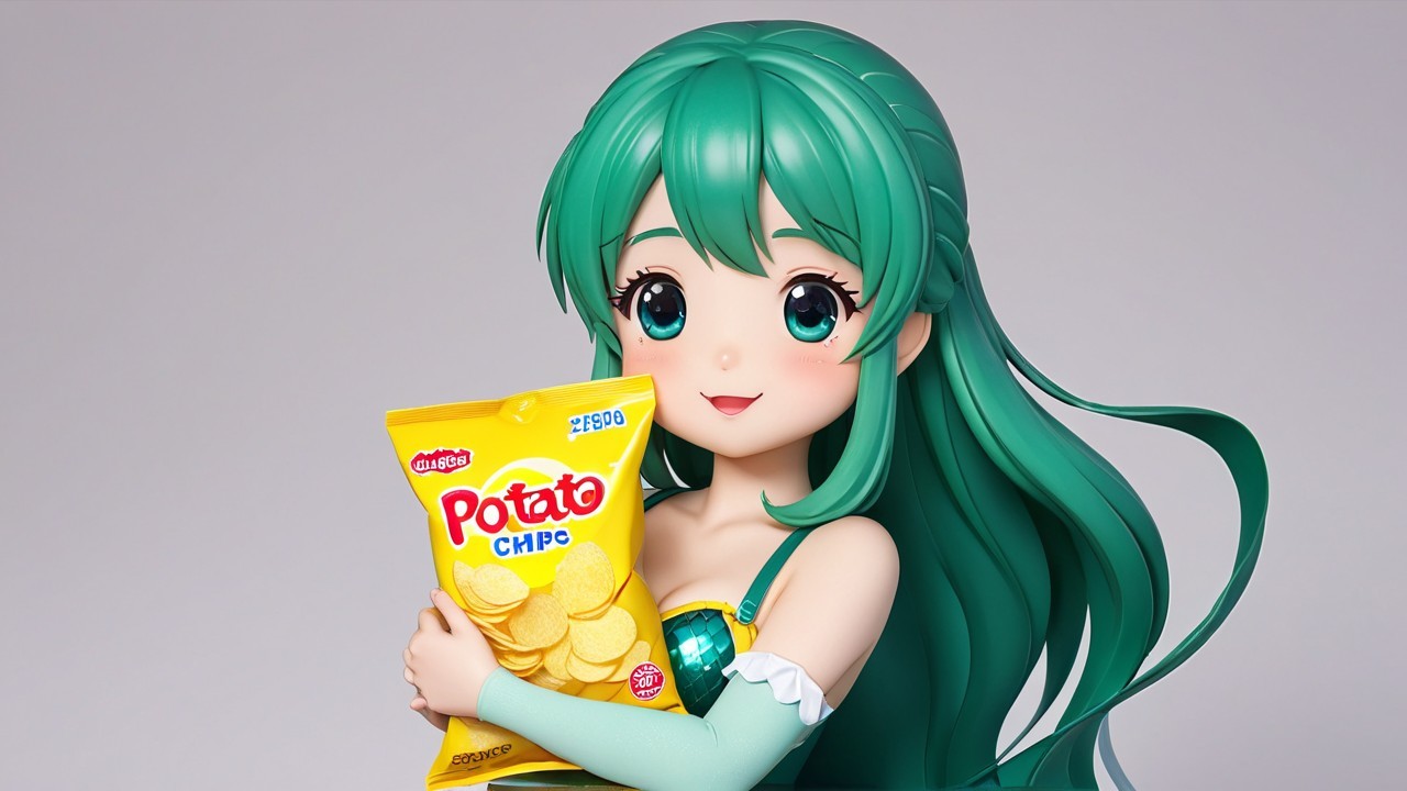 Cheerful Anime Character with Green Hair and Snacks