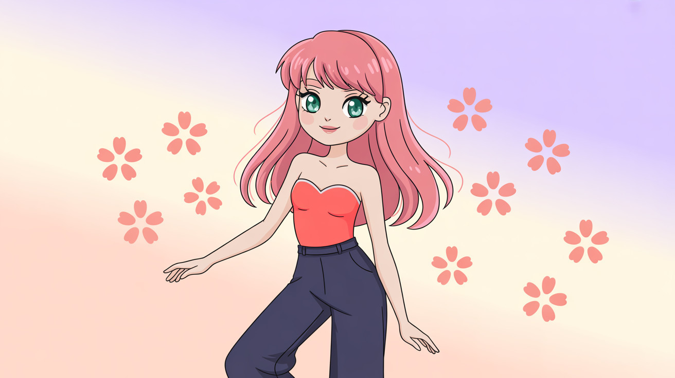 Cartoon Anime Girl with Pink Hair and Cherry Blossoms