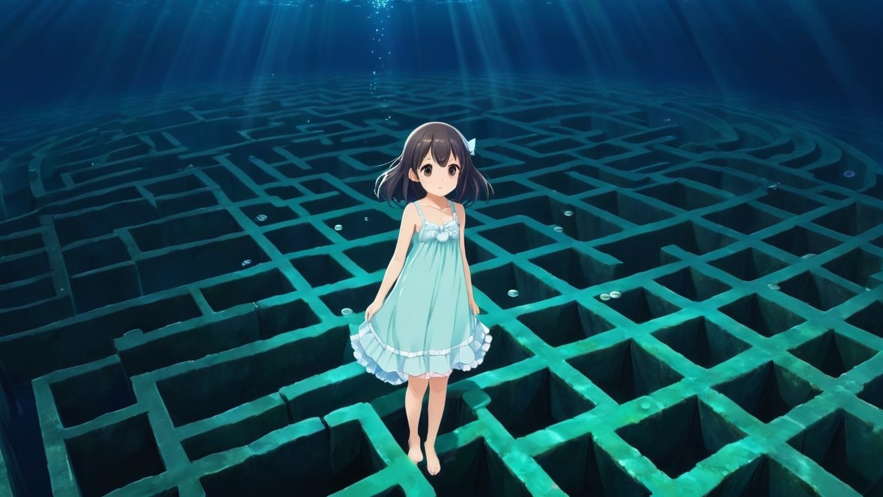 Young girl in a flowing dress in underwater maze