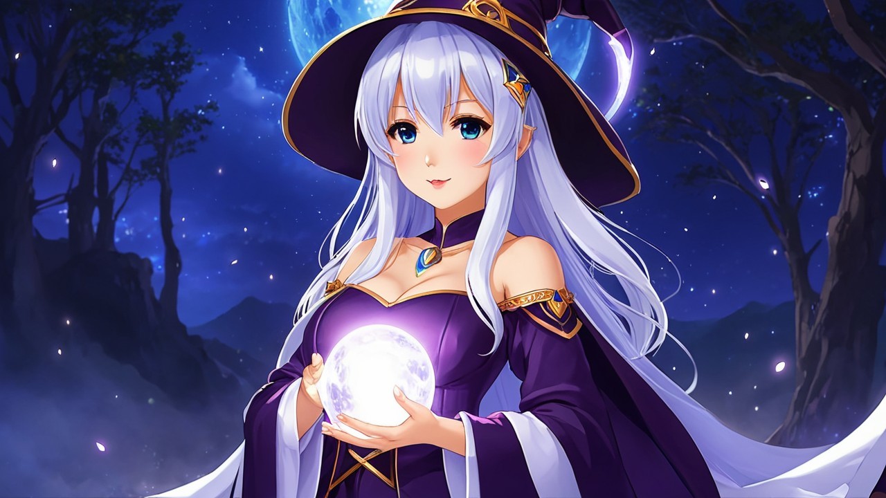 Mystical sorceress under moonlit sky with glowing orb