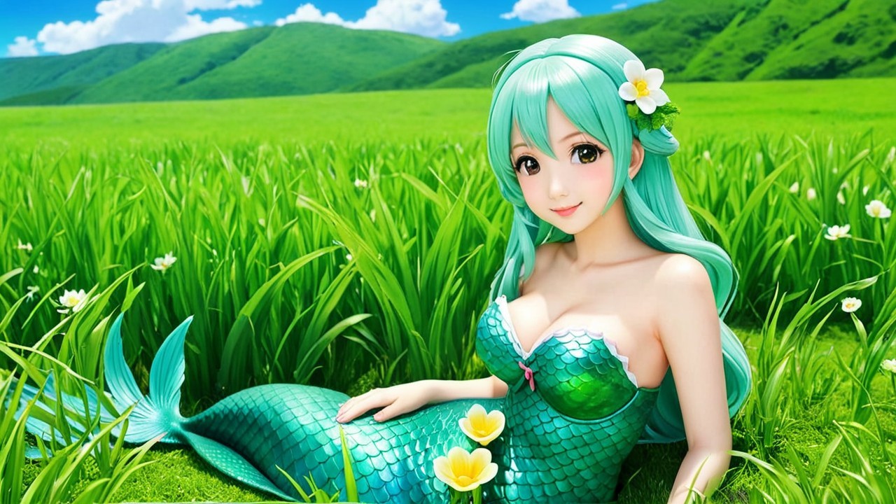 Cartoon-style mermaid in a lush green landscape