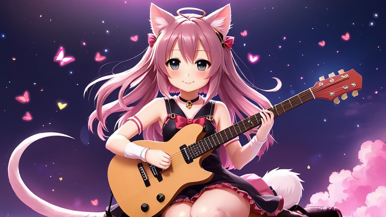 Charming Anime Character with Cat Ears in Night Sky