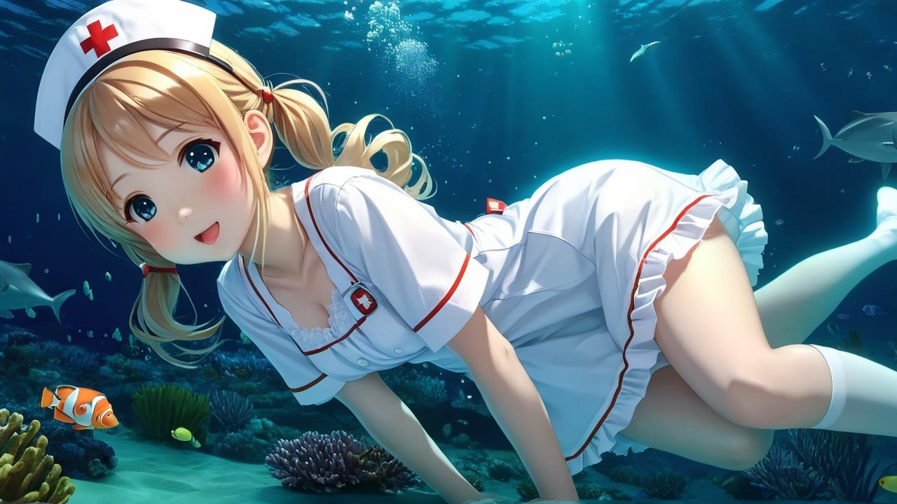 Cheerful anime nurse character swimming underwater