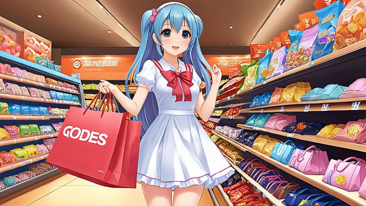 Young girl in colorful store with snacks and treats