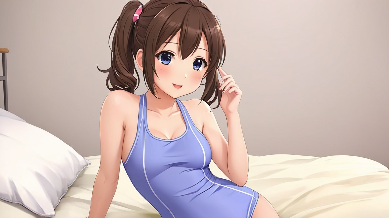 Anime Character in Blue Swimsuit on Bed Scene