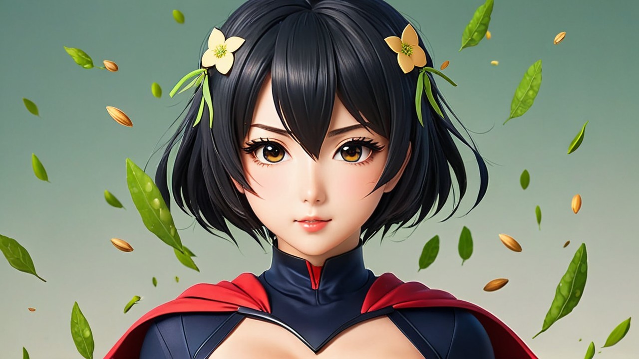 Young woman in superhero costume with flowers and cape