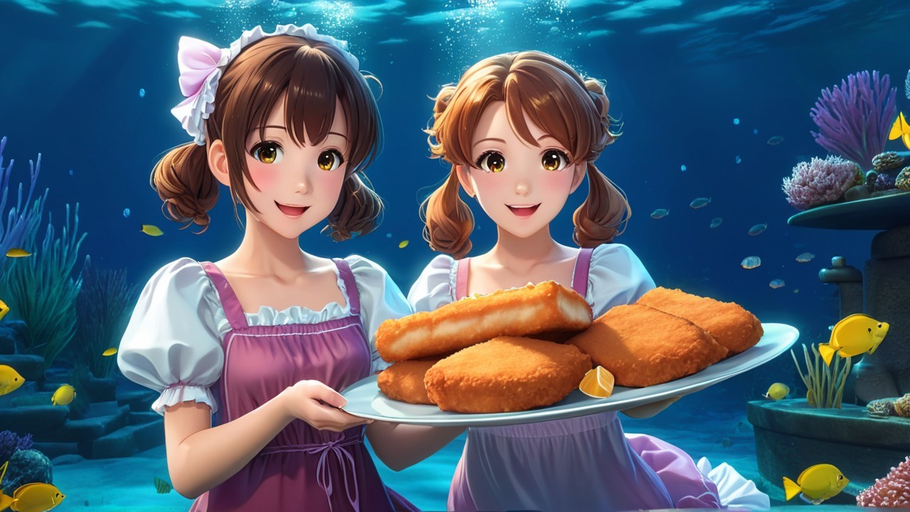 Cheerful girls with fish sticks in vibrant underwater scene