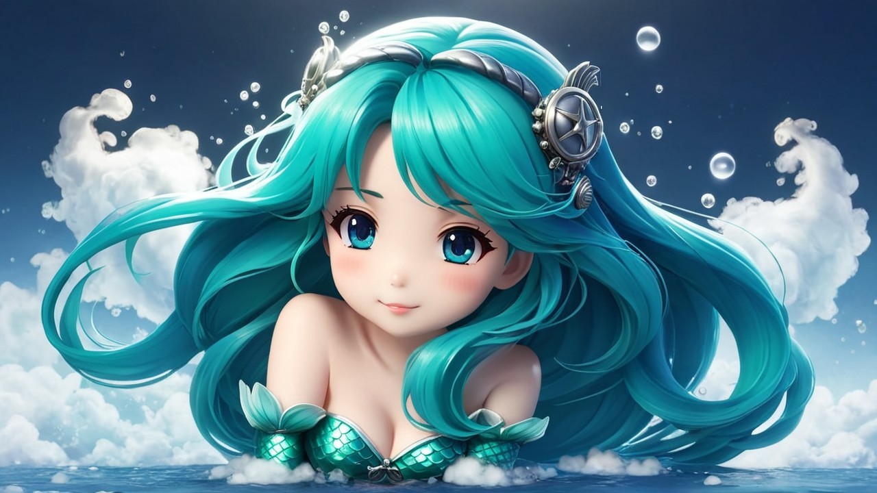 Anime girl with turquoise hair and seashell accessories