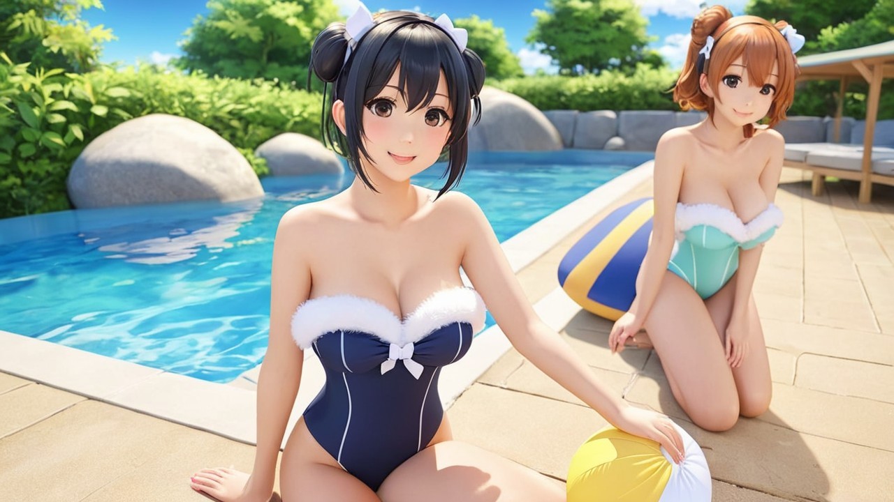 Anime-style girls by a sunny poolside with beach ball