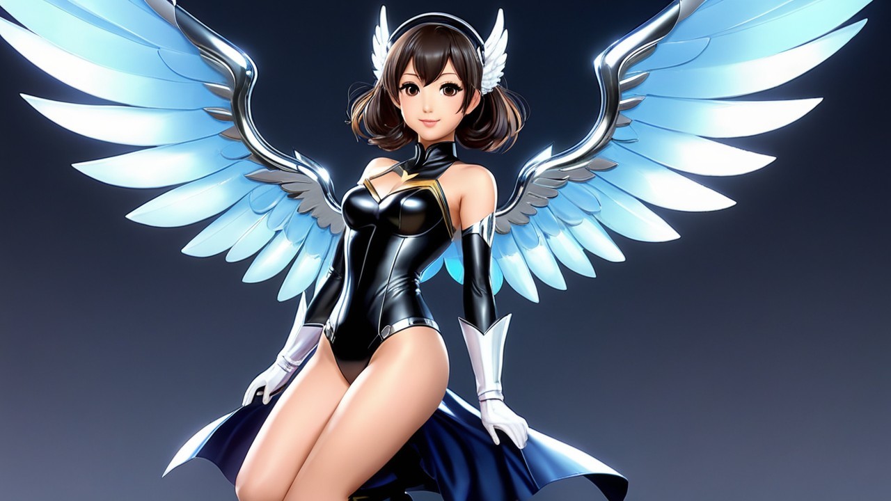 Stylized character with black outfit and blue wings