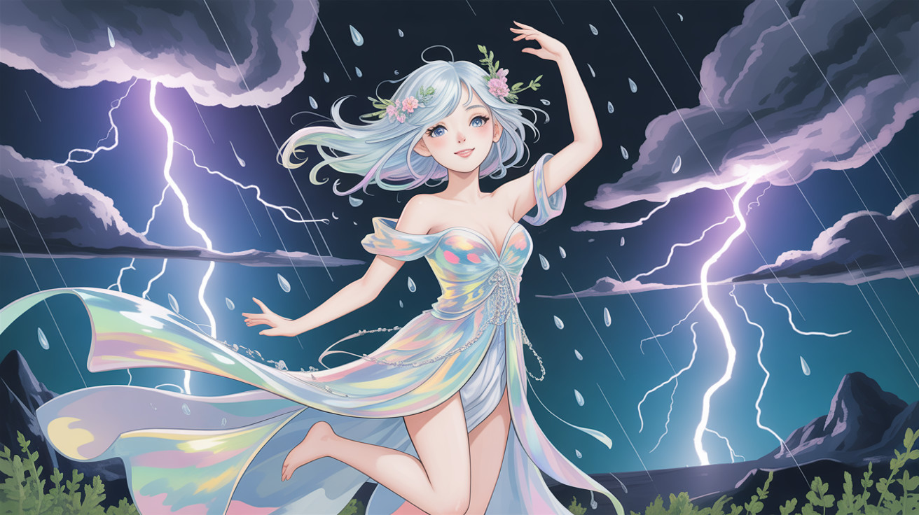 Whimsical Anime Girl in Ethereal Shimmering Gown