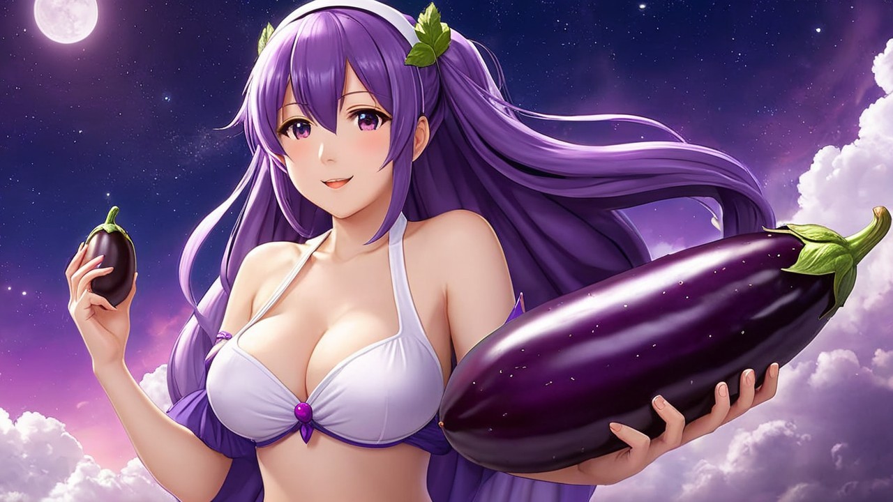 Fantasy Character with Purple Hair and Eggplants