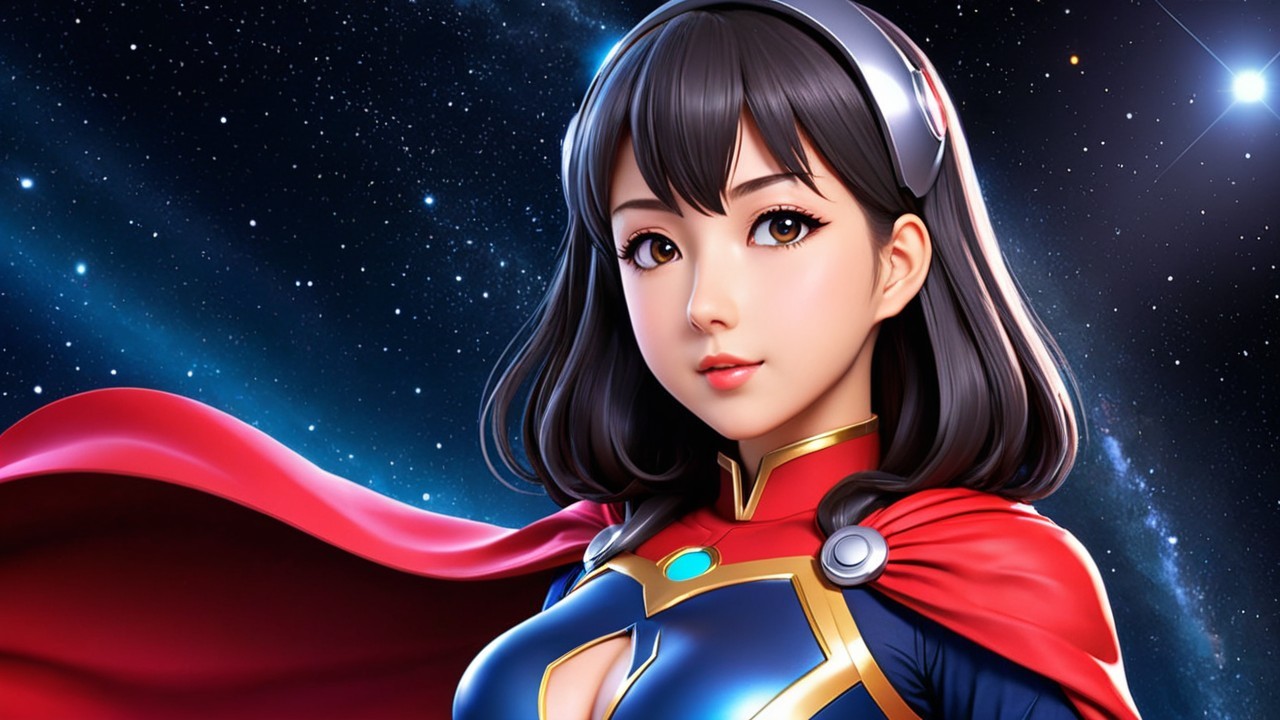 Young Female Superhero in Blue and Red Costume