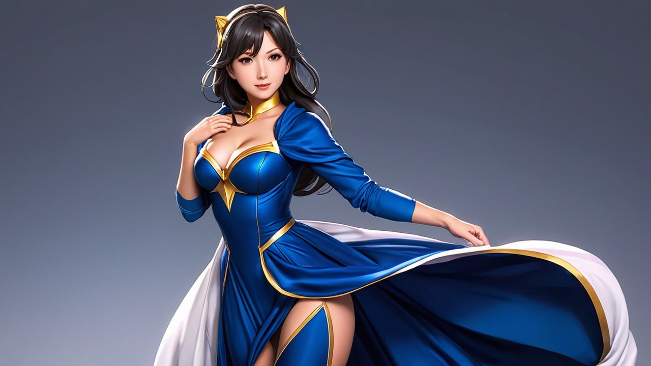 Female character in blue and gold outfit with cat ears