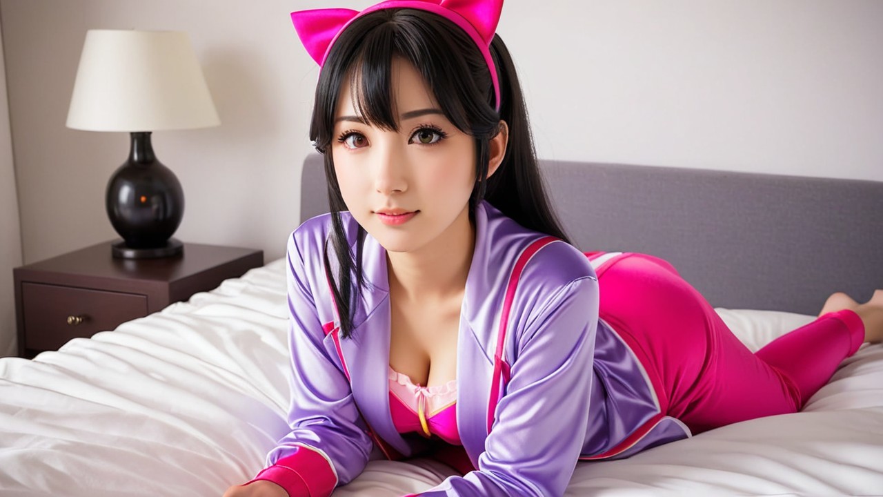 Young woman in pink and purple attire on a bed