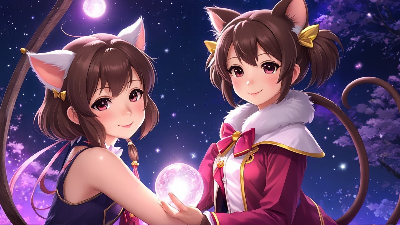 Charming Girls with Cat Ears in Starry Setting