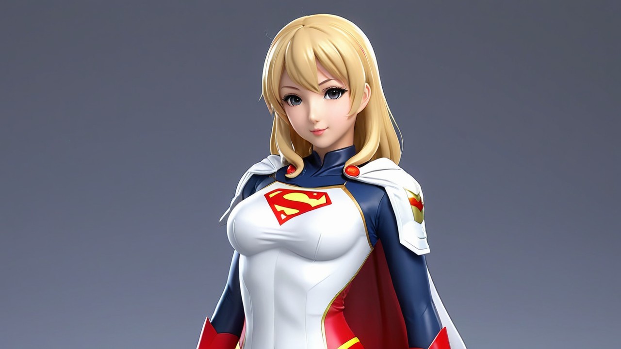 Animated female superhero in fitted costume with cape