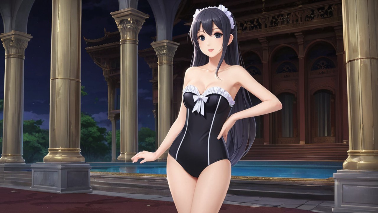 Young Woman in Stylish Black Swimsuit at Poolside