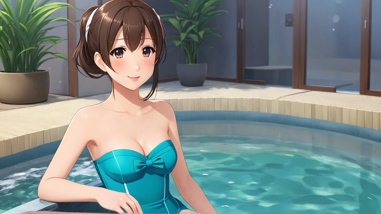 Animated Character in Light Blue Swimsuit by Pool