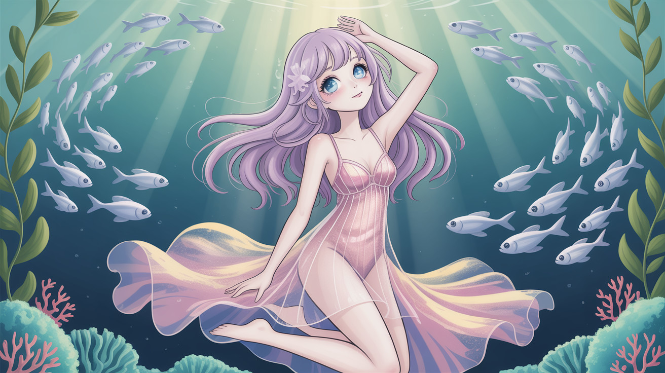 Digital Painting of Anime Girl Underwater with Lavender Hair