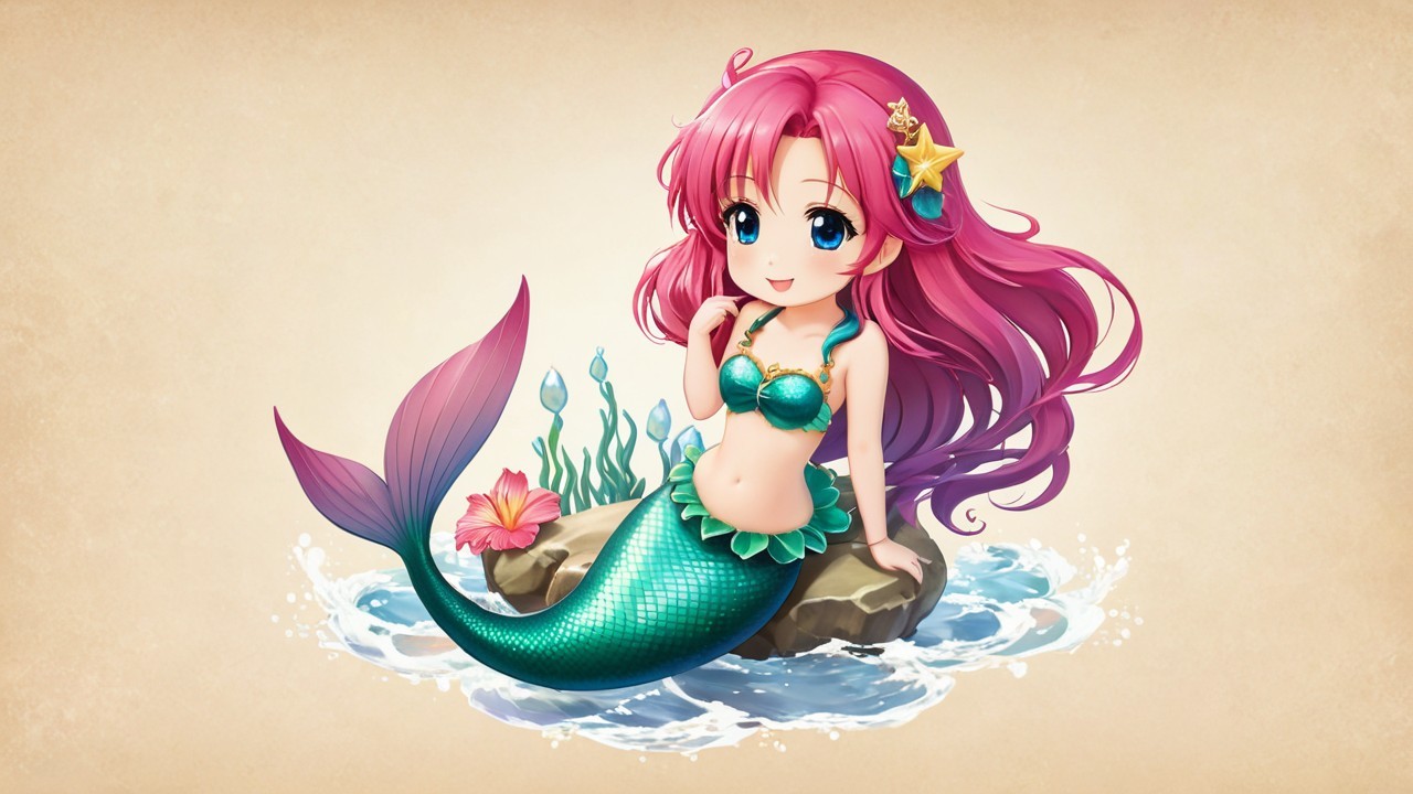 Cheerful Cartoon Mermaid on Rock in Colorful Scene