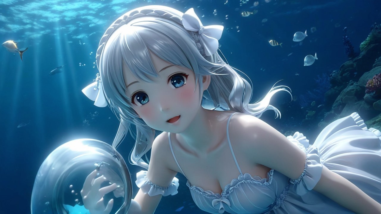 Underwater Scene of a Girl with Silver Hair and Orb