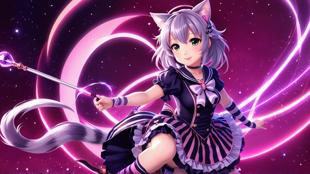 Magical girl with cat ears in vibrant fantasy setting